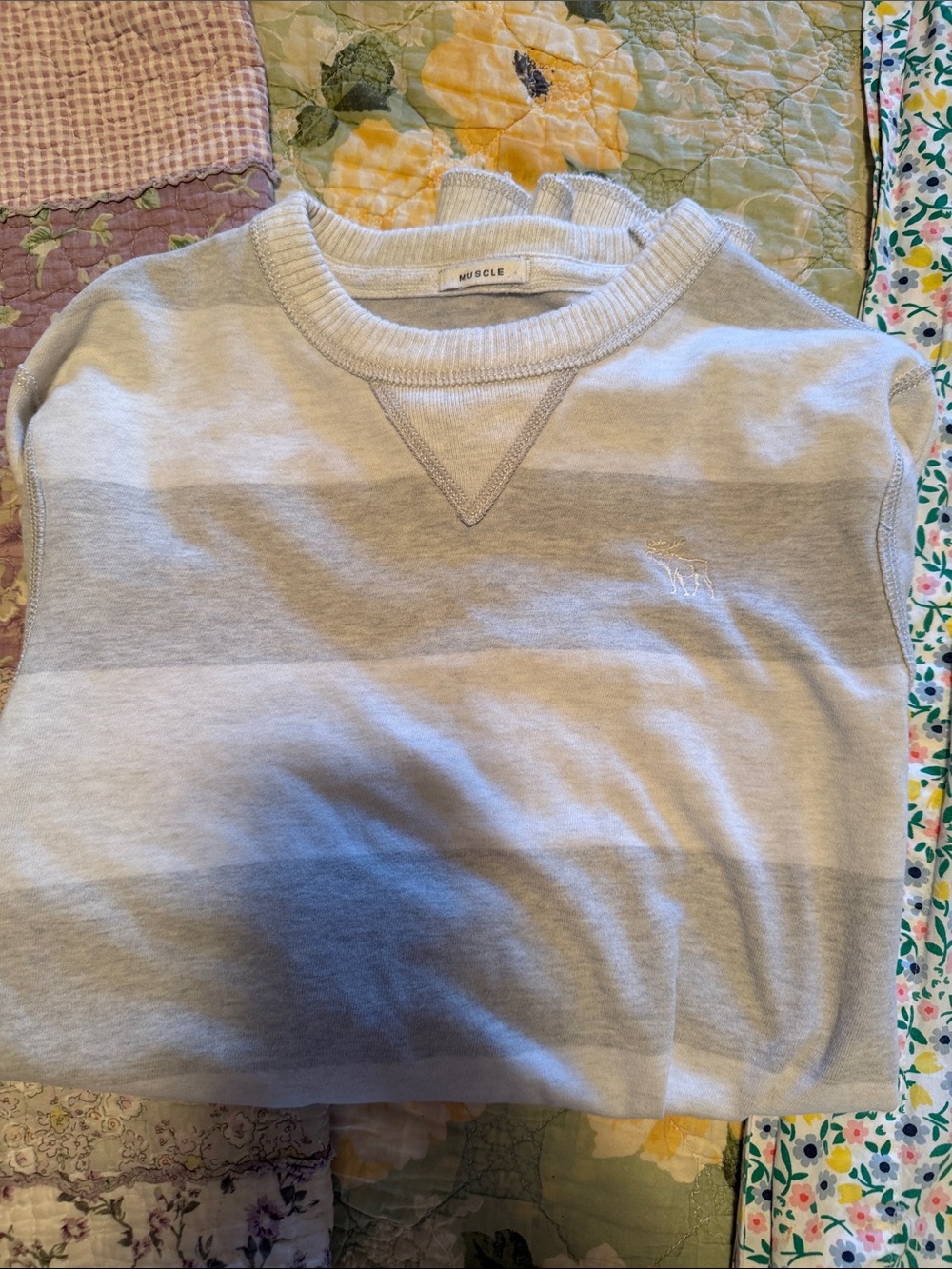 Abercrombie & Fitch Light Gray and Cream Striped Crewneck Sweatshirt